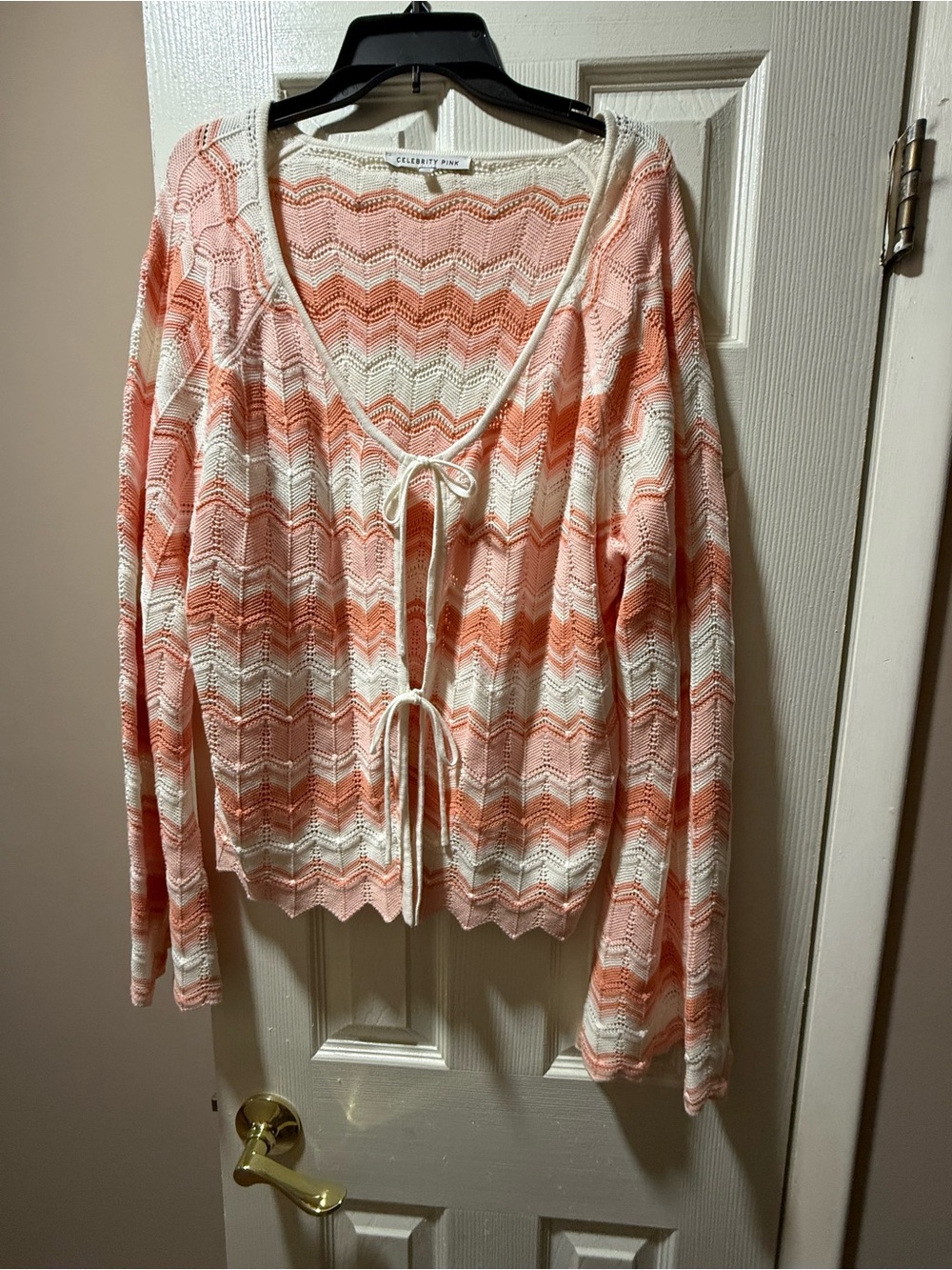 One hundred percent cotton Chevron Tie-Front Knit Cardigan - Peach & Cream